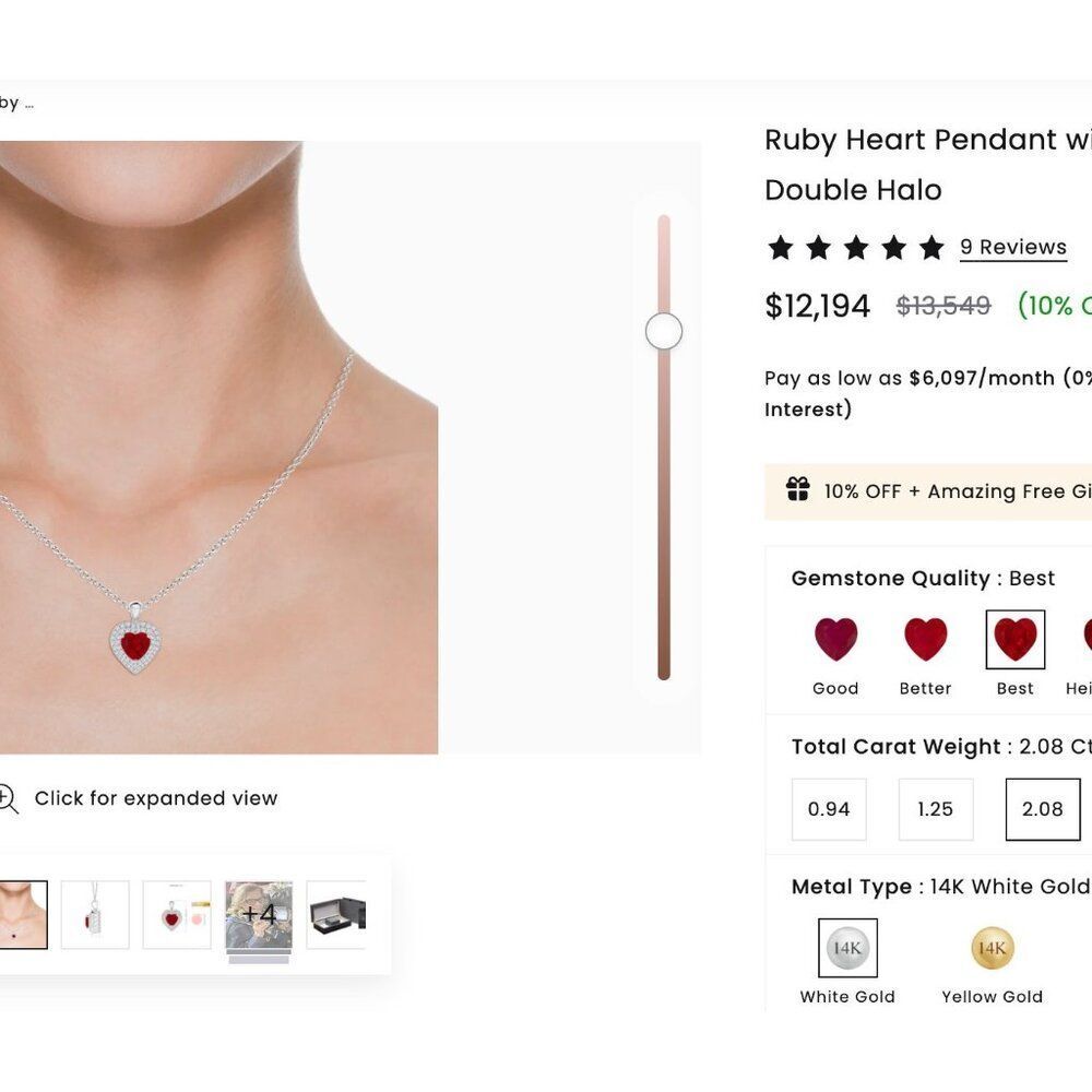 14K White Gold- Natural Ruby & Diamond Necklace -18"- 4.5cttw -Halo Heart -4.9g - Picture 11 of 16